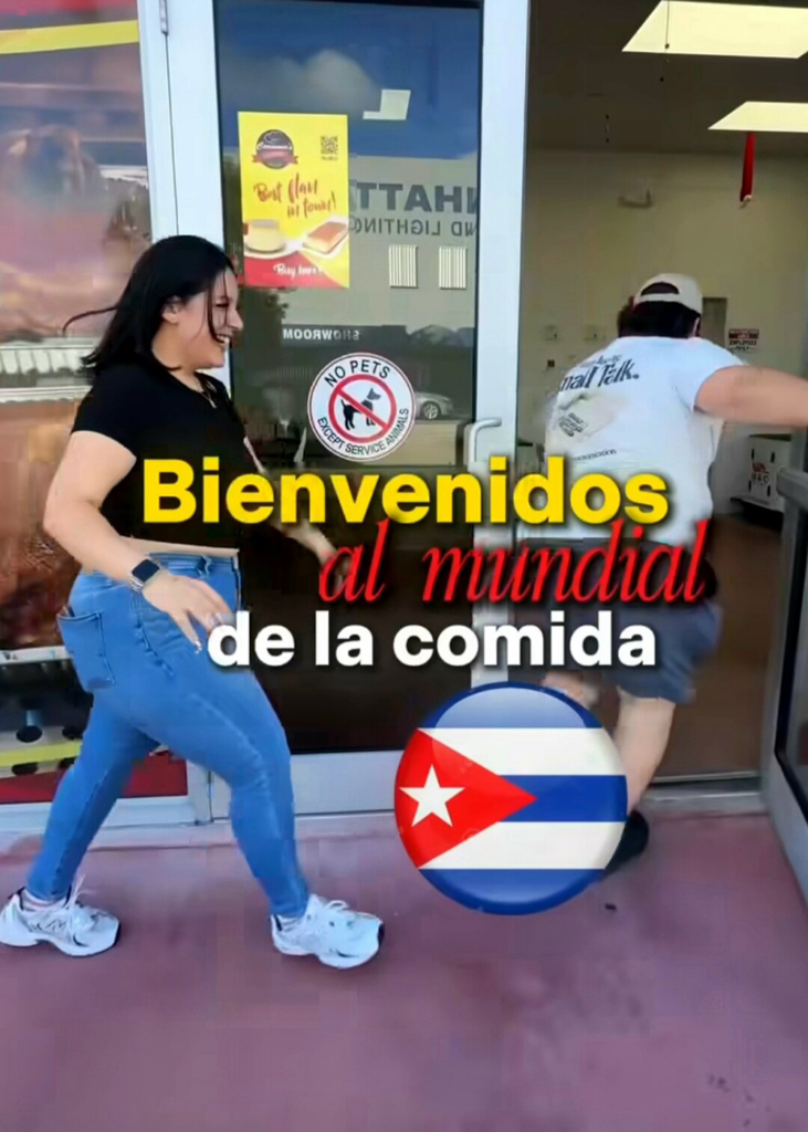A happy couple arriving at El Palacio de los Jugos. Text: “Welcome to the Cuban Food World Cup”