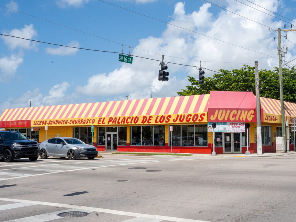 El Palacio de los Jugos (SW 16th St & 27th Ave): Yellow building, red/yellow awnings, red base & large "Juicing" sign.